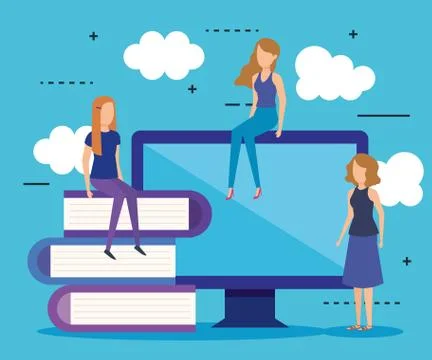 Mini people with computer and books vector illustration design vector Illustrazione stock