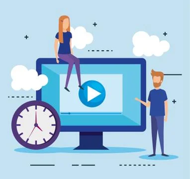 Mini people with computer and clock vector illustration design vector Illustrazione stock