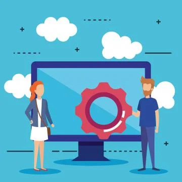 Mini people with computer and gear vector illustration design vector illustrator Stock Illustration