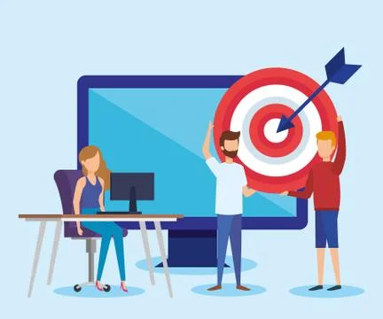 Mini people with computer vector illustration 스톡 일러스트