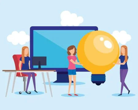 Mini people with computer vector illustration 스톡 일러스트