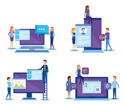 Mini people with electronic devices Stock Illustration