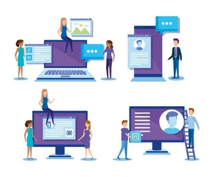 Mini people with electronic devices Stock Illustration