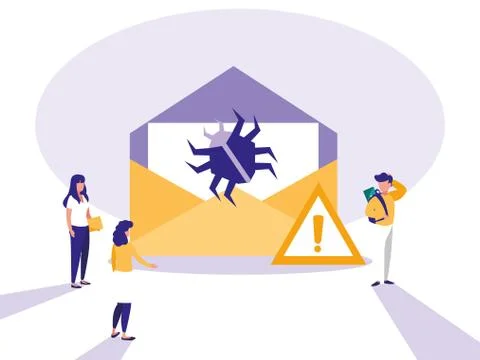 Mini people with envelope mail and attack virus Illustrazione stock