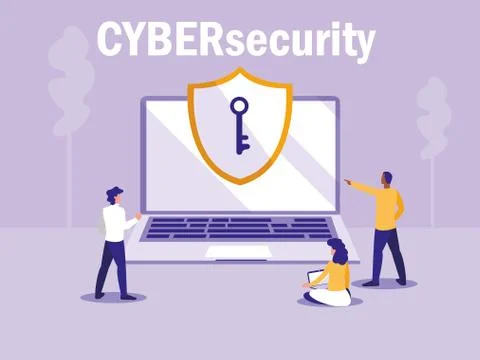Mini people with laptop computer and shield Illustrazione stock