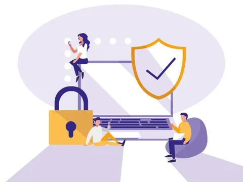 Mini people with laptop computer and shield Stockillustratie
