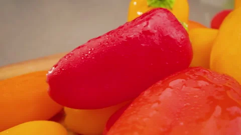 Mini Peppers Left to Right Above on Cutting Board Macro Stock Footage 156055506