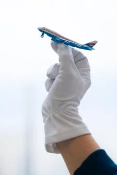 The mini plane's layout is in the hands of a flight attendant in white gloves Stock Photos