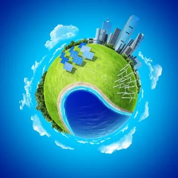Mini planet concept. city, ocean, forest, wind turbines, solar batteries, sea Illustrazione stock