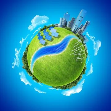 Mini planet concept. city, ocean, forest, wind turbines, solar batteries Illustrazione stock