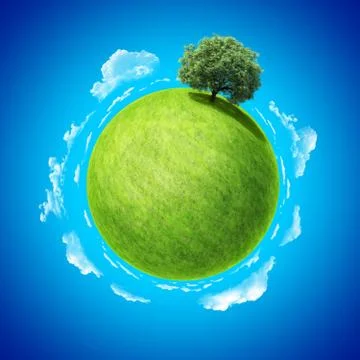 Mini planet concept. empty space on fresh green field and sole standing tree Stock Illustration