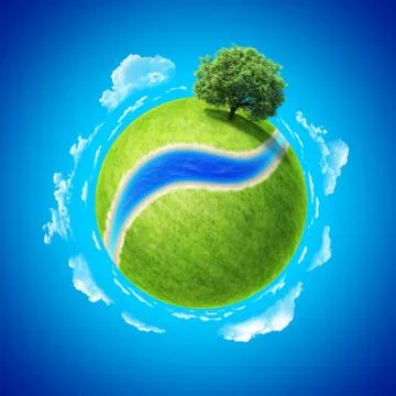 Mini planet concept. empty space and river on fresh green field Stock Illustration