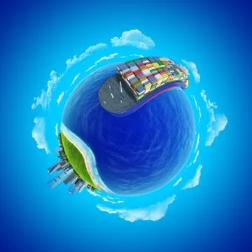 Mini planet concept. impressive big cargo ship heading Illustrazione stock