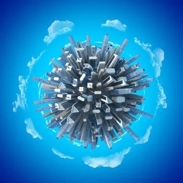 Mini planet concept. many many many skyscrapers growing from the center Illustrazione stock