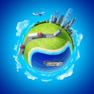 Mini planet concept. trucks on the highway heading to the city on horizon Stock Illustration