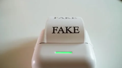 Mini printer prints the word "FAKE" on white paper, close-up. Thermal printing Stock Footage 323374032