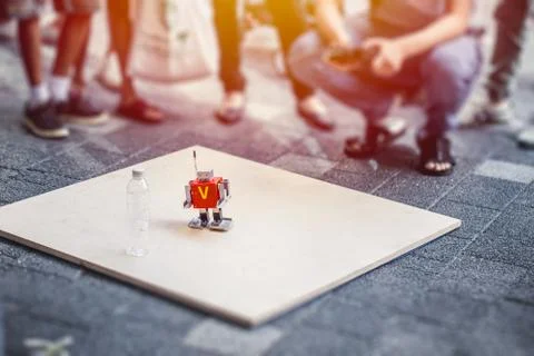 Mini robot DIY Test working with remote control for engineering kid education Stock Photos