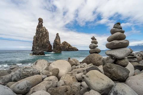 Mini rock formations line Ribeira Da Janela Stock Photos