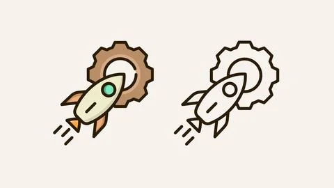 Mini Rocket and Cogwheel Icon Set in Outline and Color Styles Stock Illustration