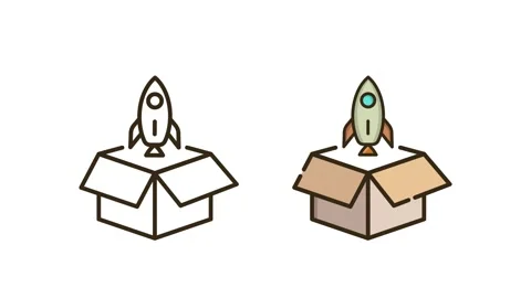 Mini Rocket Trying to Launch from Product Box in Outline and Illustration Stock Footage 335436904