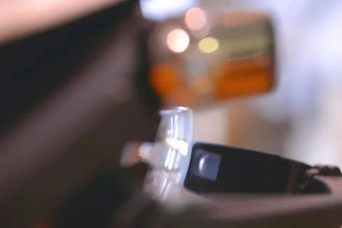 Mini screen in front of oil workers glasses, new technologies serving the o.. Stock Photos