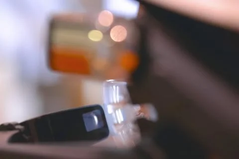 Mini screen in front of oil workers glasses, new technologies serving the o.. Stock Photos