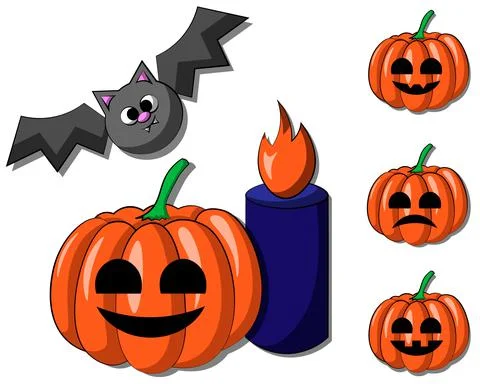 Mini set with Bat, Pumpkin and candle in color Stock Illustration