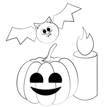 Mini set with Bat, Pumpkin and candle in black and white Stock Illustration