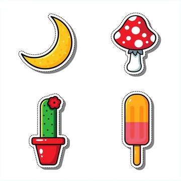 Mini set of vector illustrations. Moon, cactus, ice cream, mushroom. Ilustração Stock