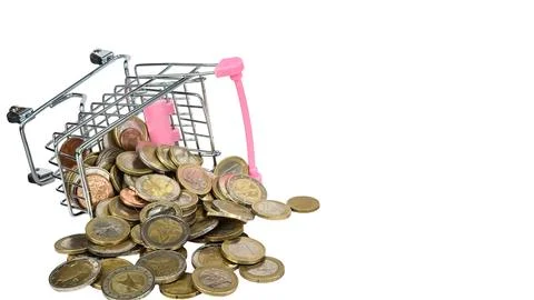 Mini shopping cart contain stack coins and small plant using as e-commerce .. Stock Photos