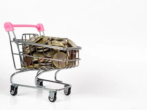 Mini shopping cart contain stack coins and small plant using as e-commerce .. Stock Photos