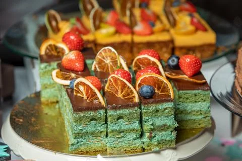 Mini size of green tea cake Arranged on a baffet table. Close up of green tea Stock Photos