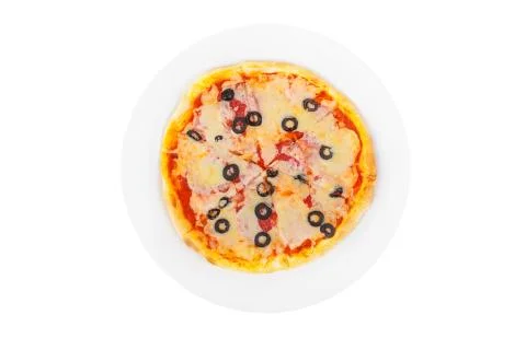 Mini, small pizza on plate isolated white Stock Photos