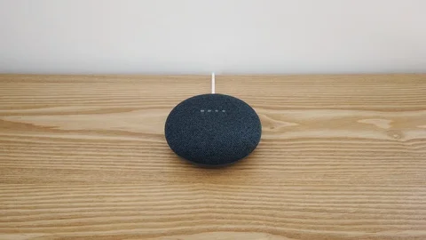 Mini Smart Home Voice Assistant Controlled Gadget Responding To Command Stock Footage 122424682