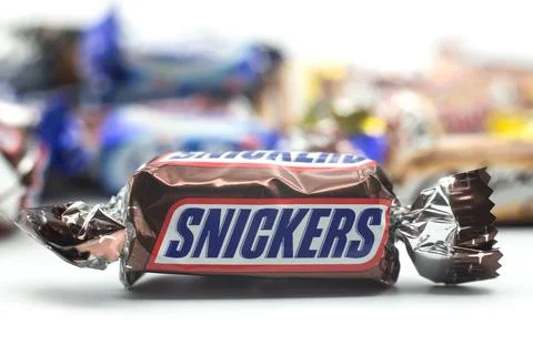 Mini snickers chocolate bar on white background Stock Photos