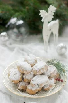 Mini Stollen or Stollen candy in the background with a deer figure, Christmas Stock Photos
