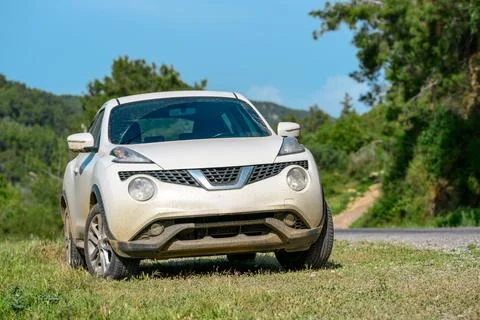 Mini suv covered in mud sits on greenery off the road Stock Photos