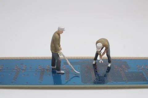 Mini technicians repairing computer RAM module. Macro photo Stock-Fotos