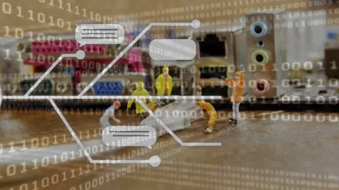 Mini techs lifting cable binary overlay appearing on motherboard AI icon driving Stock Footage 334881711