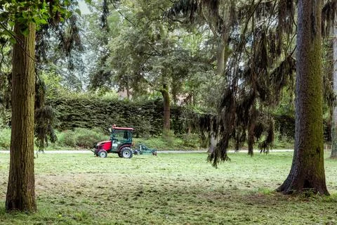 The mini tractor is used for cleaning work in the park. Stock Photos
