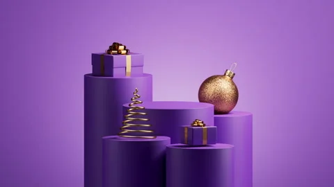 Mini tree, gifts, and baubles lift from below onto purple steps Stock Footage 318443359
