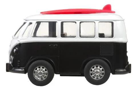 Mini van toy side view in retro style isolated on white Stock Photos