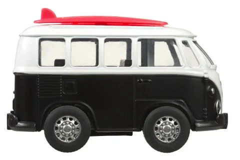 Mini van toy side view in retro style isolated on white Foto stock