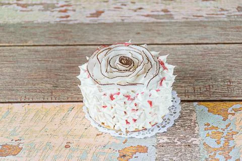 Mini vanilla cake decorated with dried coconut chips and whipped cream on a w Stock Photos