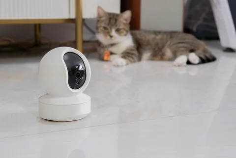 Mini white CCTV camera setting on the floor in the livingroom with domestic.. Foto stock