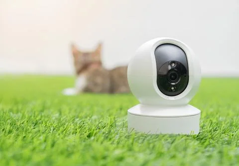 Mini white CCTV camera setting on green lawn with cat in the garden at home. Stock Photos