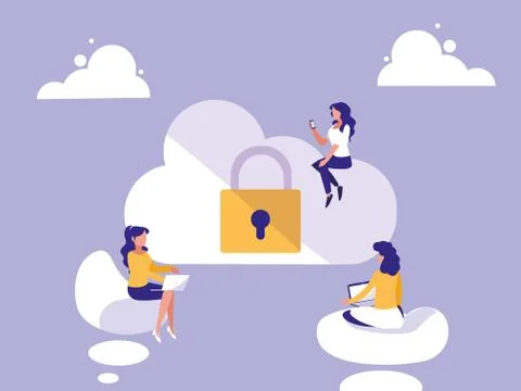 Mini women with cloud computing and padlock Stock Illustration