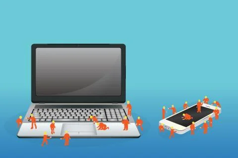 Mini worker working on a laptop computer and smartphone Stock Illustration