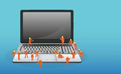 Mini worker working on a laptop computer Stock Illustration