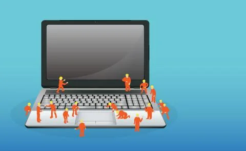 Mini worker working on a laptop computer Illustrazione stock